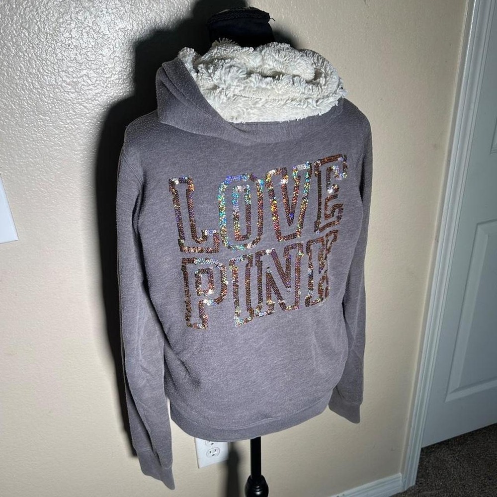 Victoria Secret PINK Sequin LOVE PINK Sherpa Jacket Gray Y2K Hoodie Small